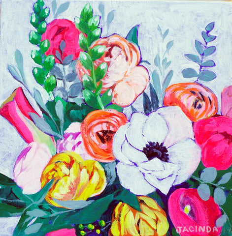 Original Painting - Neon Florals - Acrylic in 8"x8" Canvas